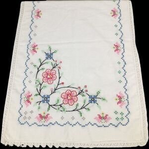 Vintage Floral Hand Embroidered Dresser Scarf Table Runner Flowers Cross Stitch